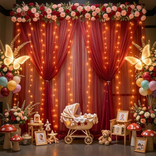 30×10ft Burgundy Tulle Backdrop Curtain with Lights String for Parties, Sheer Photo Backdrop Curtains for Wedding Party Photography Background - Image 4