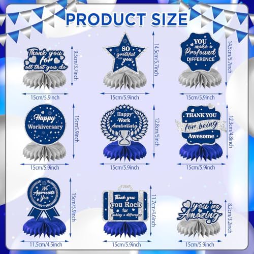 9Pcs Happy Work Anniversary Decorations Navy Blue Silver Happy Workiversary Table Honeycomb Centerpieces Office Anniversary Party Table Topper Decor for Employee Worker Appreciation Supplies - Image 2