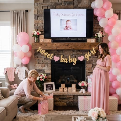 Sweet Baby Girl Banner, Pink Baby Shower Decorations for Girl, Pre-Strung Baby Shower Banner Garland with Pink Hearts, Baby Girl Shower Decor for Backdrop, Dessert Table, Wall, Mantel, Baby Sprinkle Party - Image 2