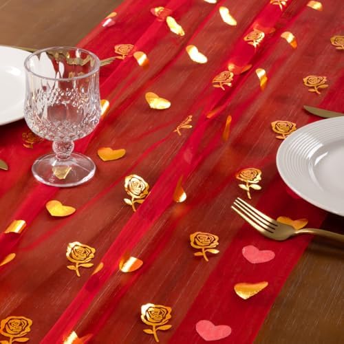 Gold Gauze Table Runner Red Heart Sheer Romantic Wedding Party Table Decor - Image 4