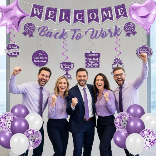 27pcs Welcome Back to Work Decorations Office Purple Welcome Back to Work Banner Balloons We Missed You So Much Backdrop Hanging Swirls Table Centerpieces Foil Balloons for Back to Work Office - Image 7