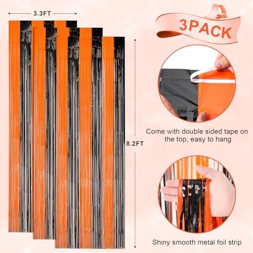 Voircoloria Black Orange Foil Fringe Backdrop Curtains,3.3x8.2ft, 3 Pack - Image 3