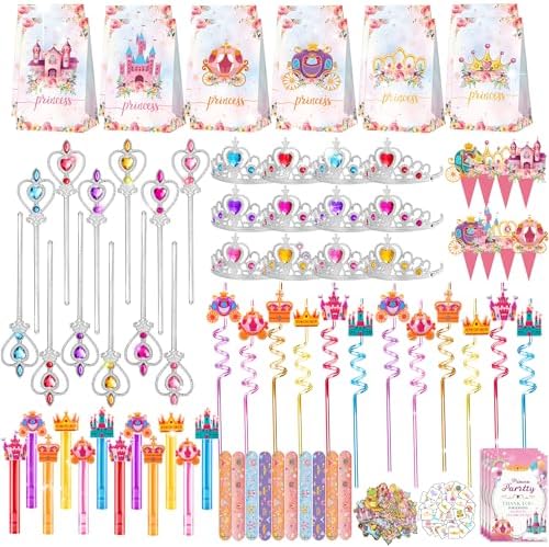 308PCS Princess Birthday Party Decorations Favors, Including Goodie Bags, Crown, Magic Wand, Straws, Bubble Wands, Stickers, Cake Toppers, Tattoo & More-Perfect for Party Decorations & Pinata Fillers by Unknown