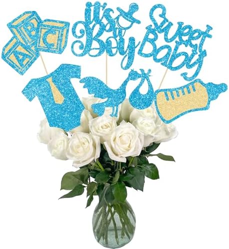 Gyufise 12Pcs Baby Shower Centerpiece Sticks Glitter Tie Onesie Love Heart Oh Baby Gender Reveal It's a Boy Table Centerpiece Sticks for Baby Shower Gender Reveal Kids Birthday Party Supplies Blue by Gyufise