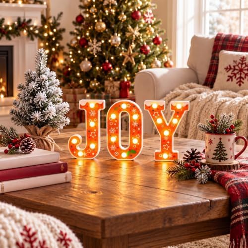 Christmas Gingerbread Joy Sign Light up Decor, 3 Pcs LED Christmas Letter Warm Lights, Battery Operated Holiday Tabletop Decoration for Mantel Fireplace Home Xmas Party Gift - Image 5