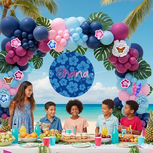 Hot Pink Blue Pink Balloon Garland Kit with Hawaii Ohana theme backdrop plam Hawaii card stickers for Summer Tropical aloha cartoon birthday party gender reveal Baby shower decorations - Image 5