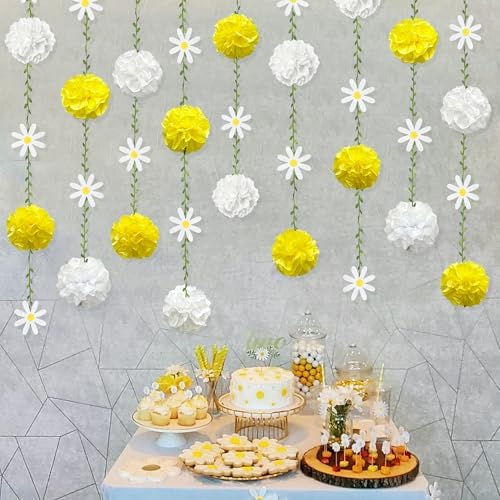 Daisy Party Decorations Yellow White Tissue Flowers Pom Pom Daisy Hanging Leaf Garland Streamer Banner for Spring Summer Themed Birthday Wedding Shower Tea Party Supplies Home Garden Decor - Image 7