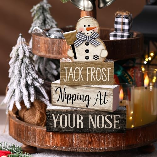 Moucuny 4 Pcs Wooden Block Signs Snowman Farmhouse Table Decoration - Image 3