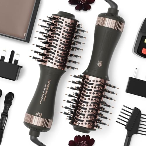 Travel Dual Voltage Blow Hair Dryer Brush 4-IN-1 Portable Mini Hot Air Dryer Straightener & Curler Brush, Titanium 2-Inch Blowout Styler Volumizer Tool, 110/240V US/EU/UK Plug for International Travel by MayAllDreamsRealizedEndingMisfortuneInAuspicious