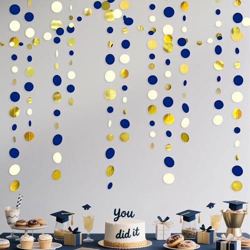 Navy Blue and Gold Circle Dots Garland Royal Blue Hanging Paper Polka Dot Streamer for Birthday Wedding Bridal Shower Graduations Nautical Ahoy Achor Pirate Themed Party Decorations Supplies - Image 5