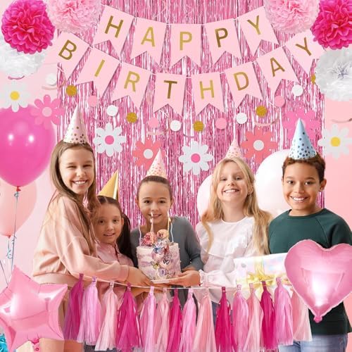 Pink Red Happy Birthday Party Decorations kits for Girls Women with Happy Birthday Banner, Fringe Curtain,Foil Balloons,Tissue Pompoms,Dots Garland,Tassels Garland,Cake Topper for birthday decor(pink) - Image 5