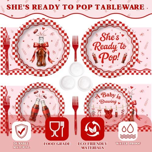 182 Pcs She's Ready to Pop Baby Show Party Decorations(Serves 24), Ready to Pop Baby Shower Decorations Include Banner Hanging Backdrop Plates Napkins Cups Forks Tablecloth Topper Balloons for Party - Image 5