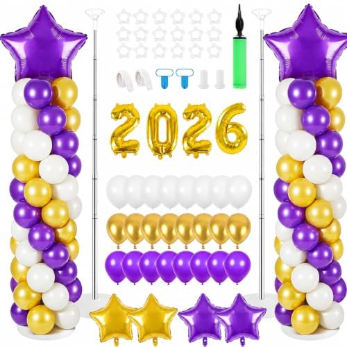 2 Sets Graduation Balloon Column Stand Kits with 132 PCS Purple Golden White Latex Balloons 2026 Letters 6.5 Ft Adjustable Metal Tube Telescopic Tower Pillar with Base for Graduation Party Decoration by Unknown