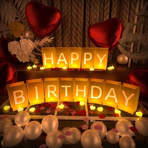 Happy Birthday Decorations, Include Light up Letters, with Tea Lights Candles, Latex Balloons, Aluminum Balloons and Rose Petals, Special Festival, Surprise Gifts Banner for Women and Men by Peledic