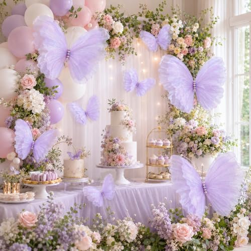 8 Pcs Large Butterfly Decorations, 3D Purple Silk Butterflies Wall Decor, 20 Inch Big and 12 Inch Small Hanging Butterflies for Birthday Party, Baby Shower, Wedding, Nursery and Centerpieces by LOUVPY