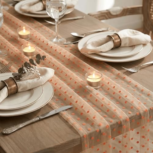 Artoid Mode Beige Gauze Flocking Orange Dots Table Runner 10FT,Seasonal Sheer Dining Table Decor for Wedding Anniversary Holiday Birthday Home Party - Image 4