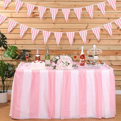 Remagr 3 Pack Pink Carnival Table Skirt Party Decorations Pink and White Striped Table Skirts Disposable Carnival Decorations for Circus Party Decor Wedding Baby Shower Supplies, 29" x 14 ft - Image 4
