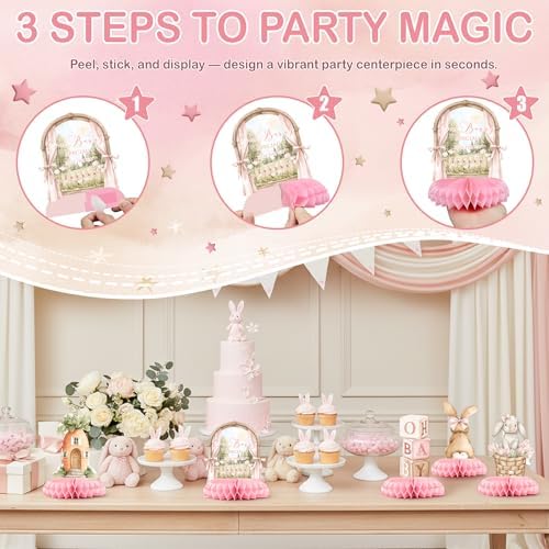 12 Pcs Pink Bunny Baby Shower Decorations for Girl - Some Bunny Is On The Way Baby Shower Centerpieces for Tables - Bunny Baby Shower Honeycomb Table Decor for Girl - Image 3