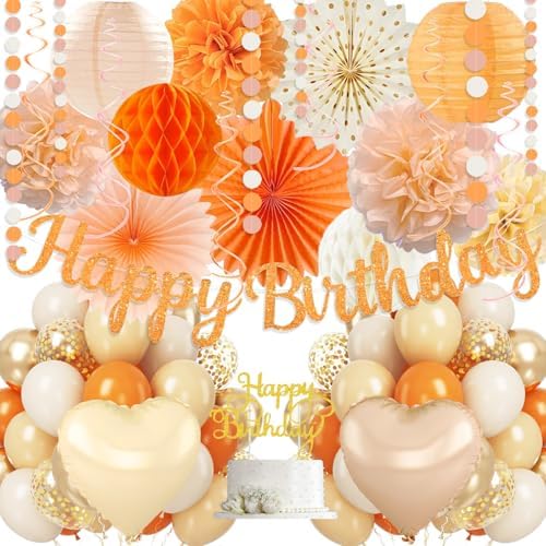 Orange-Peach Fall Boho Birthday Party Decorations - 62pcs Happy Birthday Banner, Beige Rustic Paper Lanterns, Streamers, Tissue Pom Poms, Burnt Orange Apricot Party Balloons, Fall Backdrop Decor by IHEPYQ