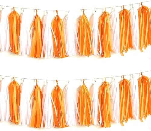 We Moment Orange and White Tassel Garland，Tissue Tassel Banner for Orange White Birthday Party Decorations,Pack of 20 by We+Moment
