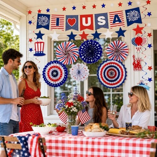 Red White Blue Party Decoration, USA Veterans Day Banner Paper Fans - Image 3