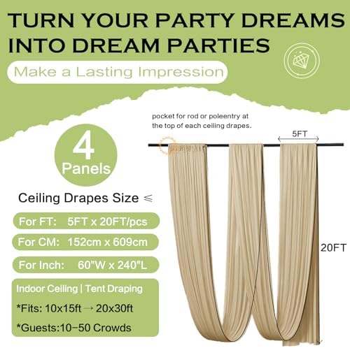 4 Panels 5ft(W) x 20ft(L) Soft Tan Ceiling Drapes for Wedding Parties - Image 6
