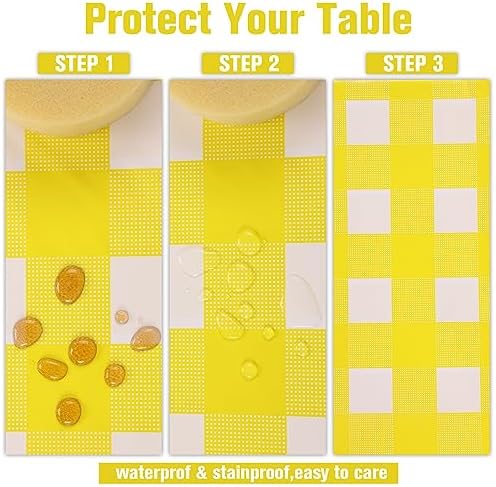 Kesfey 3 Packs Yellow Gingham Tablecloth 54 x 108 Inches Yellow and White Checkered Table Cloths Disposable Plastic Gingham Tablecovers Waterproof Rectangle Picnic Plaid Table Cover for Camping Party - Image 4