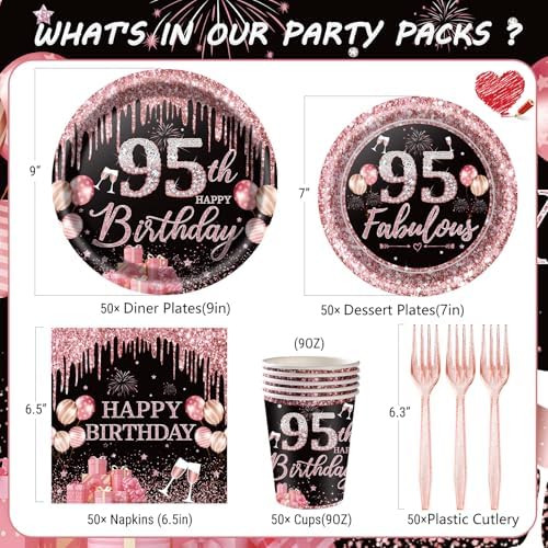 250PCS 95th Birthday Party Decorations for 50 Guests Black and Rose Gold Party Supplies for Women Include Disposable Paper Plates, Napkins, Cups, and Disposable Plastic Cutlery (95) - Image 2