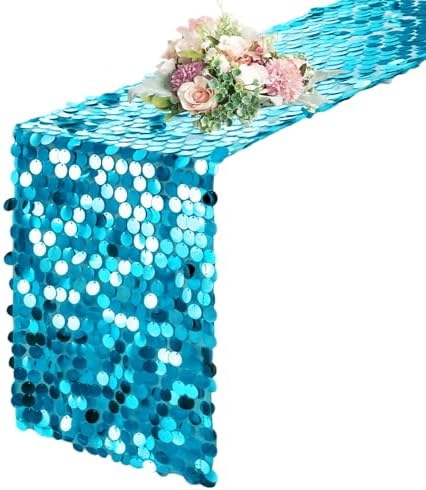Pufogu 12 x 108 Inch Sequin Table Runner, Turquoise Glitter Premium Big Sequin Table Runner, Rectangle Table Runners for Halloween, Christmas, Wedding Party, Birthday Party, Banquet Decor (1 Pack). by Pufogu