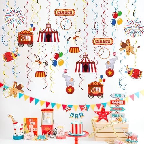 Carnival Hanging Swirl Set Party Decorations, 48 Pcs, Circus Joker Balloon Party Supplies Sign,Red Blue Yellow - Image 3