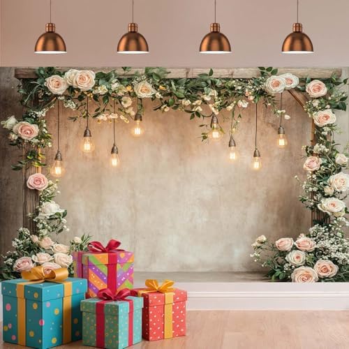 10x8ft Country Wedding Valentines Day Photography Backdrop Floral Roses Farmhouse Wooden Door Backdrop Pink Flower Birthday Baby Shower Bridal Party Banner Photo Booth Props Anniversary Background - Image 3