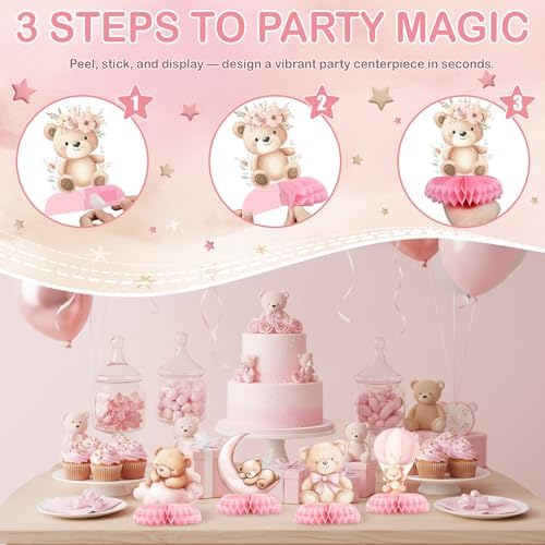 12 Pcs Pink Teddy Bear Baby Shower Decorations for Girl - We Can Bearly Wait Baby Shower Decorations - Pink Bear Balloon Centerpieces for Tables - Girl Baby Shower Honeycomb Table Decor 1st Birthday - Image 3
