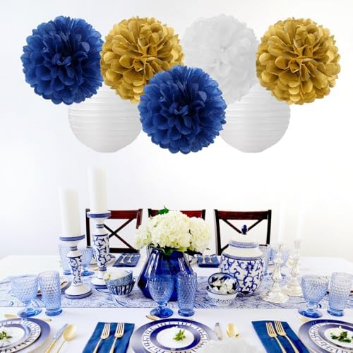 Navy-Blue Gold Party-Decorations Paper-Flowers Lanterns - 15PCS Royal White Baby Bridal Shower Tissue Pom Poms Streamers, Bachelorette Birthday Wedding Graduation Hanging Supplies Decor Hugfond - Image 4