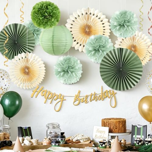 SUNBEAUTY Sage Green Birthday Decorations for Women Green Tissue Pom Poms Paper Lanterns Party Decorations Happy Birthday Banner Sage Green Paper Fans for Spring Garden Party Wedding Bridal Shower - Image 6