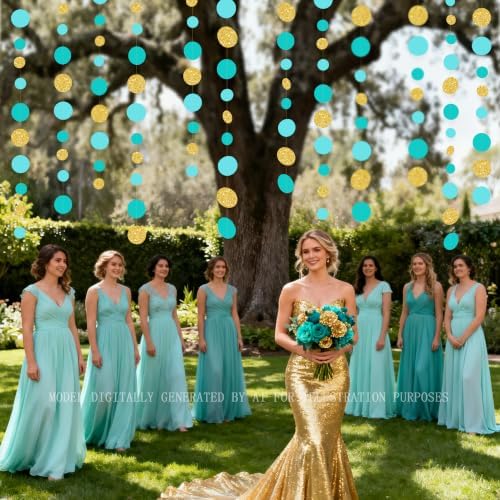 Teal Gold Party Polka Dot Garland Banner Aqua Turquoise Glitter Gold Hanging Paper Circle Dots Streamer for Birthday Wedding Shower Engagement Bridal Shower Retirement Party Decorations Supplies - Image 7