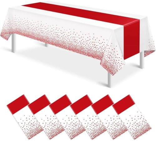 MASHAN 6Pcs White and Red Tablecloth Party Decorations,Plastic Black Table Cloth Printed Red Table Runner Disposable Rectangle Cover for Birthday Weeding Anniversary Graduation Party,54 x108 Inch by MASHAN