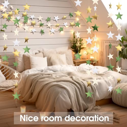 Patelai Glitter Star Garland Banner 2026 Party Decor 130 Feet Star Hanging Banner Twinkle Backdrop for Graduation Birthday Classroom Wedding Supplies(Sage Green, Gold, White) - Image 5