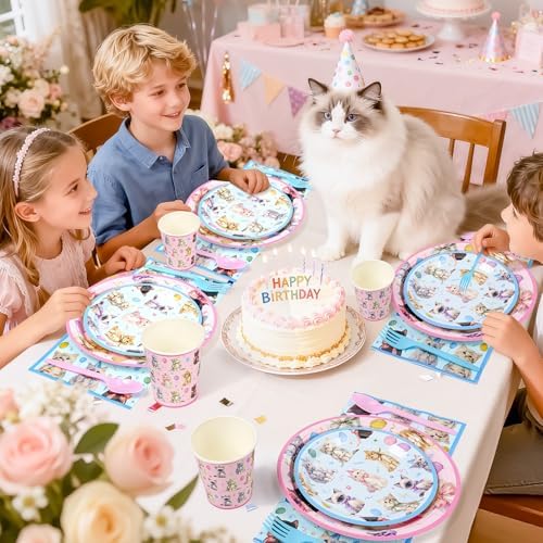 144PCS Cats Birthday Party Plates Set, Blue Pink Birthday Party Supplies - Image 7