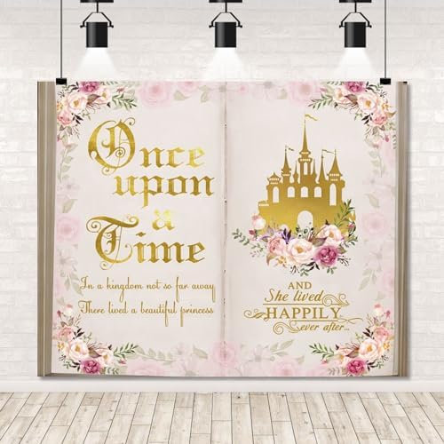 10x8ft Once Upon a Time Backdrop Fairy Tale Books Princess Girls Birthday Banner Decorations Pink Flower Gold Castle Background Fairytale Wedding Portrait Photo Booth Prop by Meiguiman
