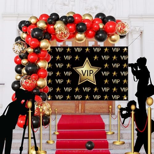 Vip Party decorations - Red Carpet Party Decorations with VIP Photography Backdrop, Gold Black Red Balloons for Hollywood Themed Events, Birthday Parties, Photo Booth Props by Jenlion