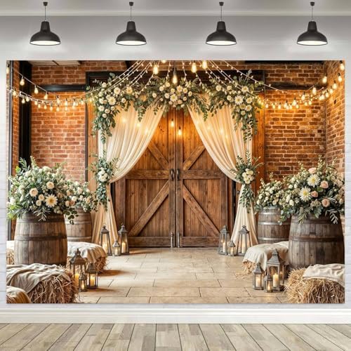 7x5Ft Country Wedding Backdrop Photography Rustic Roses Brick Stone Wall Backdrop Farmhouse Wooden Door Birthday Baby Shower Wedding Bridal Party Banner Photo Booth Props Anniversary Background by Viajar