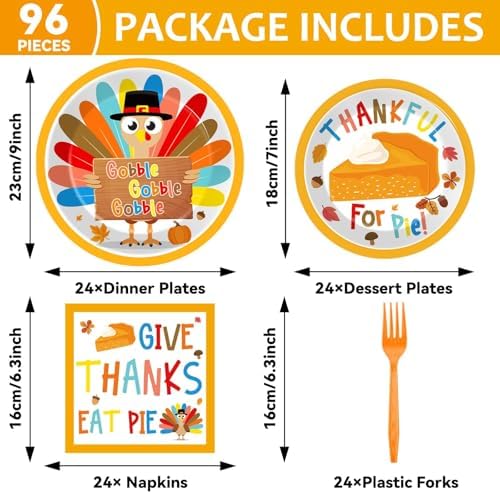 96Pcs Thanksgiving Party Plates and Napkins for Turkey Party Supplies Gobble Give Thanks Pie Disposable Tableware Set for Kids 24 Guests Dessert Dinnerware Autumn Party Decorations - Image 2