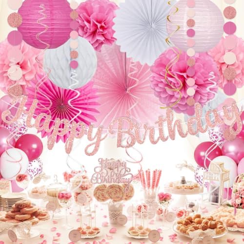 Pink White Birthday Decorations Women Girls, Happy Banner, Paper Lanterns Honeycomb, Tissue Flowers Pom Poms Fan, Light Pink Latex Balloon Pink Confetti Balloons for Birthday Party Décor - Image 5