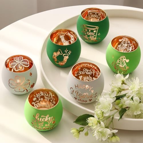 SHMILMH St. Patrick's Day Candle Holders 6PCS St Patricks Day Shamrocks Decorations for Table Centerpiece, Glass Votive Tealight Holders for Home Decor Party Decorations - Image 3