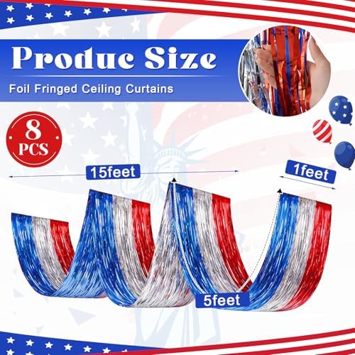 Breling 8 Pcs Red White Blue Patriotic Ceiling Fringe Curtains, 15 ft - Image 2