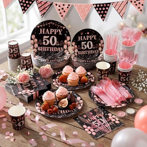 Pickmesh 400 Pcs 50th Birthday Party Supplies, Black Pink Tableware Set - Image 6