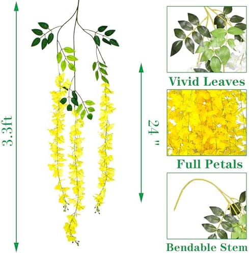 AITISOR 24 Pack Artificial Fake Wisteria Vine Ratta (3.75 Feet) Hanging Garland Silk Flowers String Home Party Wedding Decor (Yellow) - Image 2