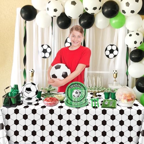 Soccer Party Supplies Kit Serve 20, Disposable Tableware Set Includes Dinner Plates, Dessert Plates, Napkins, Forks, Tablecloths for Boys Birthday Sports Theme Party Decorations - Image 5