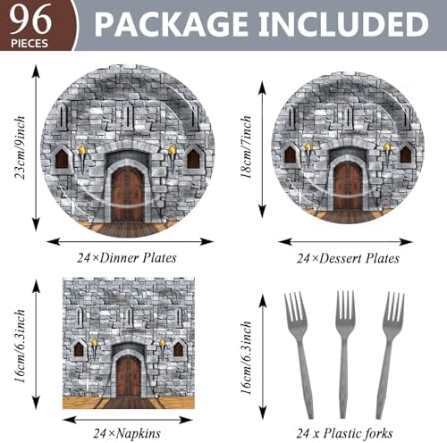 CHUNNIN 96PCS Medieval Plates Napkin Halloween Castle Party Decorations Castle Knight Birthday Dessert Plates Medieval Themed Tableware Set for 24 Guests Kids Birthday Baby Shower Party Supplies - Image 2