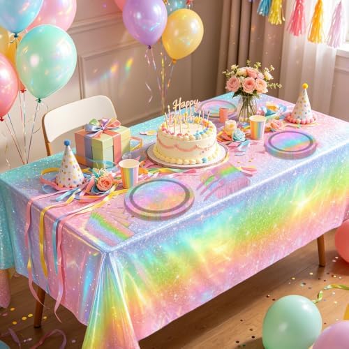 Iridescent Glitter Rainbow Party Supplies for 20 Guests, Disposable Holographic Glitter Pastel Tableware Set Includes Plates, Napkins, Forks, Tablecloth for Girls Birthday Party Decorations - Image 6